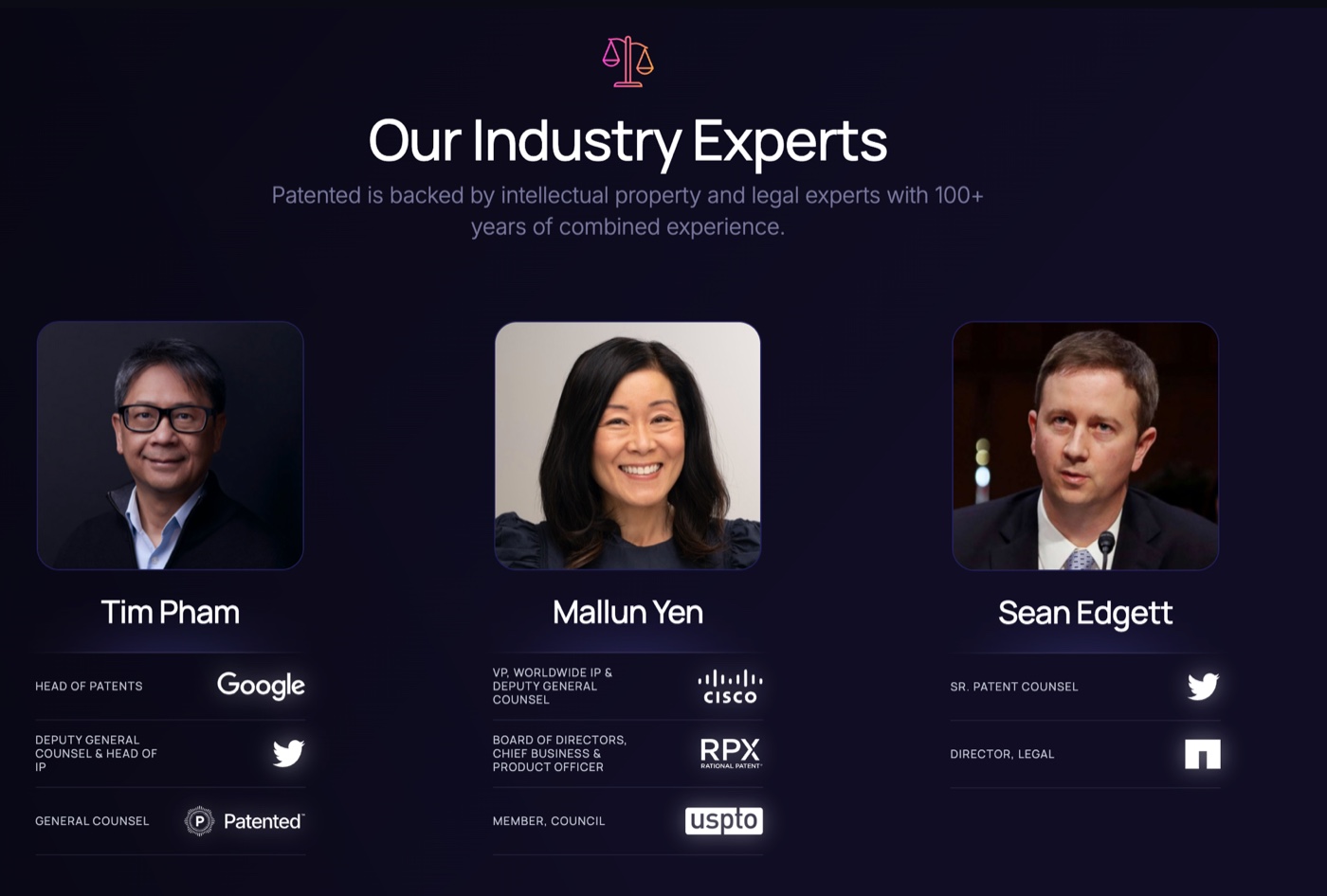 Patented.ai Industry Experts: Tim Pham (Google, Twitter, Patented), Mallun Yen (Cisco, RPX, USPTO), Sean Edgett (Twitter, NetApp)